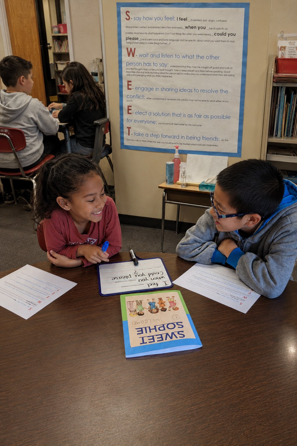 Two students using the SWEET method together with the Sweet Sophie book and the five step poster